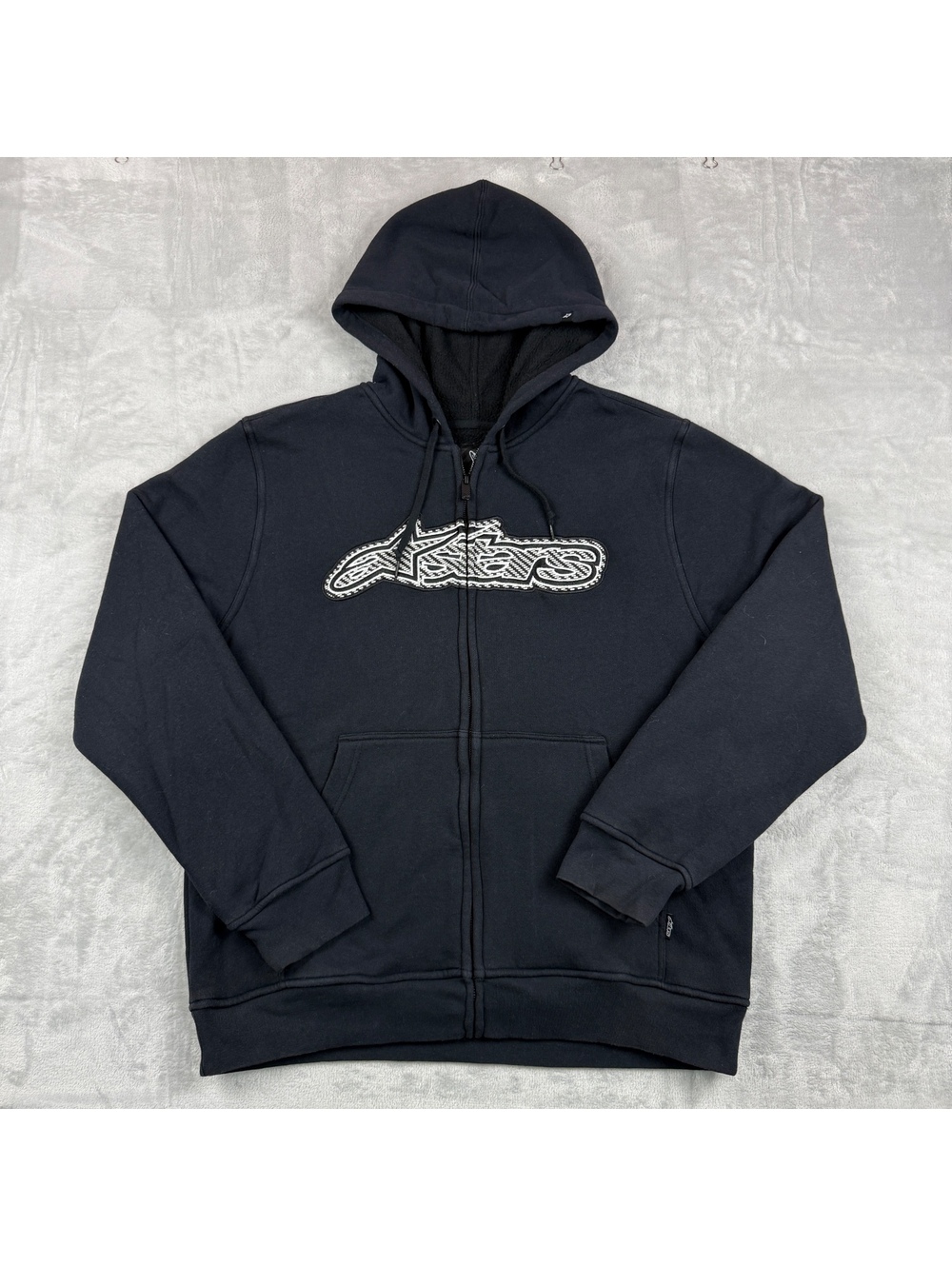 Y2K Alpinestars L Black Full Zip Hoodie Fleece Lined Spellout Logo Racing Biker
